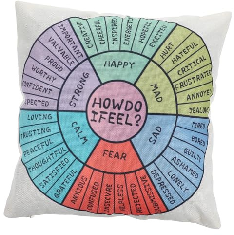 BAZEITFLOW Wheel of Emotions Square Cushion Pillowcase for Psychological Health Therapy Soft Sturdy Linen Sensory Pillow Cover Multiple Colors for Home Bedroom Sofa Car Comfort