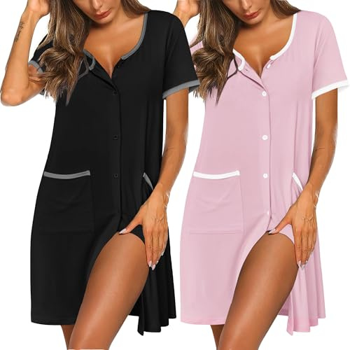Ekouaer Camicia da Notte Donna con Bottoni Premaman Allattamento Manica Corta Leggera Morbida 2 Pezzi S-XXL