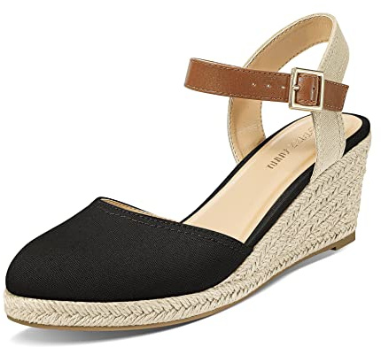 PIZZ ANNU Sandalias Mujer Verano Alpargatas con Cuñas de Esparto y Punta Cerrada Plataforma Espadrilles Zapatos Tacón Novia Boda Elegantes Negro EU 37