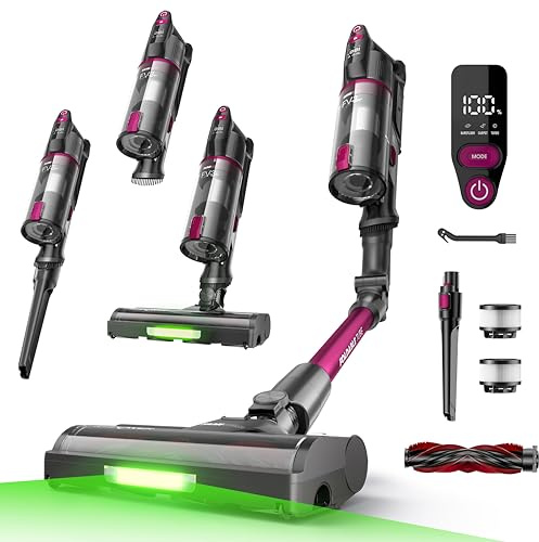 FAMIVAC FV3 Aspirapolvere senza Fili 60KPa/50Min/120㎡, Tubo Pieghevole, Autoportante con Spazzola Antigroviglio, Luce Verde, Scopa Elettrica Potente per Pavimento Duro/Moquette/Peli Animali/Auto
