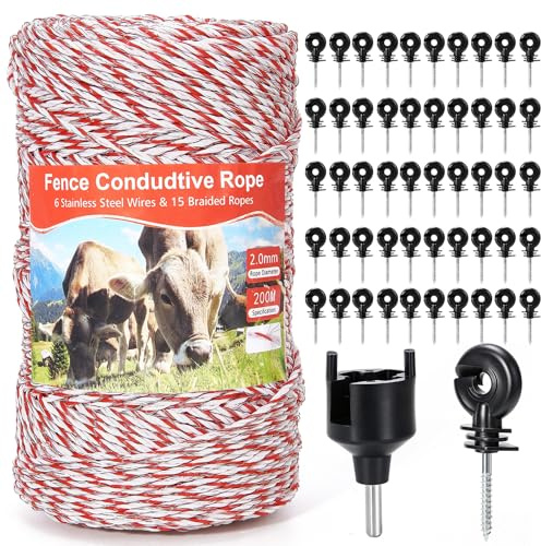 Lnopever 200M Electric Fence Wire with 50Pcs Electric Fence Insulators & 1 Insulated Sleeve, Nylon Stainless Steel Strands for Reliable Conductivity Rust Resistance, Electric Fence Wire for Livestock