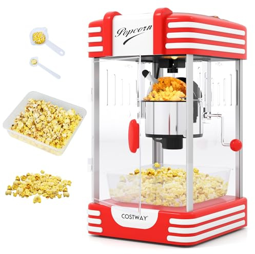 COSTWAY 300 W Palomitero Eléctrico Antiguo, Máquina de Palomitas Sobremesa con Luz Halógena, Olla de Acero Inoxidable, Cucharas para Granos y Aceite, Bandeja de Servicio, Rojo
