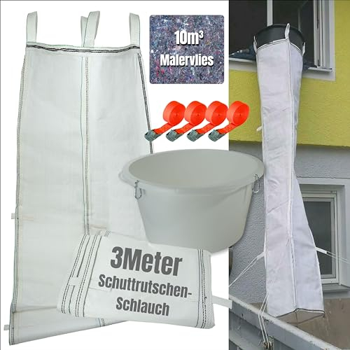 Schuttrutsche 3m | Flexible 3 Meter Schlauch, hohe Stabilität, einfache Installation | Bauschuttrutsche inkl. Einfülltrichter, 5m³ Malervlies und 4X Spanngurt optimales Set