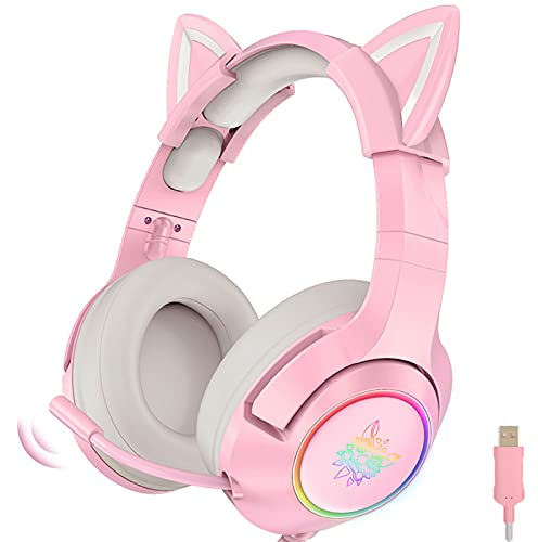 Casque de jeu rose avec oreilles de chat, casque de jeu avec son surround 7.1 avec réduction du bruit réglable, lumière LED, microphone rétractable et oreilles de chat amovibles