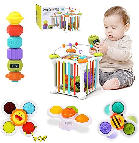 Morkka Jouets d'éveil Montessori Cubes pour Bébés 12PCS, Trieur de Formes, avec 3 Jouets à Spinner Ventouse et 6 Formes Multisensorielles et Labyrinthe de Perles, pour enfants 1-3 Ans
