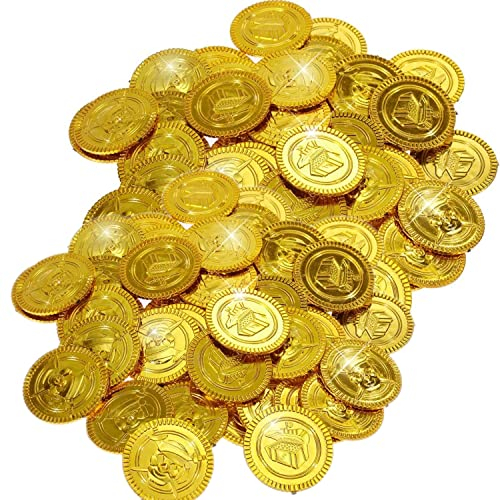 JZK 100 x Goldmünzen aus Kunststoff, gefälschte Piraten-Schatzsuche-Münzen, Spielzeug für Kinder, Mitbringsel, Partytüten für Halloween/Weihnachten/Kindergeburtstagsfeier