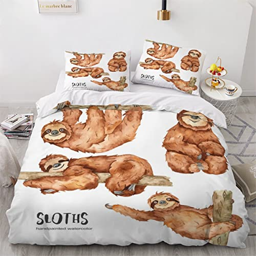 LEBEE Kinderbettwäsche 135x200 Faultier-Karikatur 3D Druck Bettbezüge Weich Pflegeleicht Bettwäsche-Sets Süße Tiere Mikrofaser Bettbezug mit Reißverschluss und 2 Kissenbezug 80x80 für Jungen Mädchen