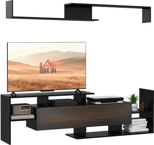 HOMCOM Modern TV Cabinet with Wall Shelf, TV Unit with Storage Shelf and Cabinet, for Wall-Mounted 65 TVs or Standing 40 TVs, Black and Dark Brown