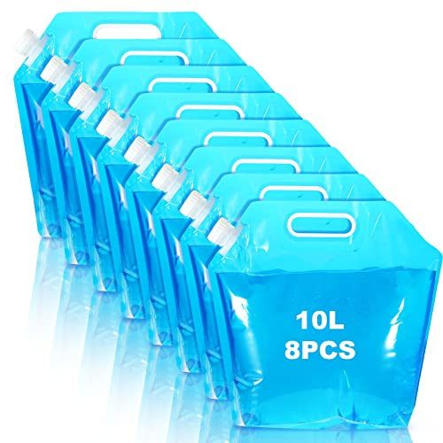 MIVIDE Lot de 8 Bidon d'eau Pliable 10L, Réservoir d'eau Potable Pliable, Sac d'eau Réutilisable pour Camping, Randonnée, Pique-Nique, Barbecue-Bleu