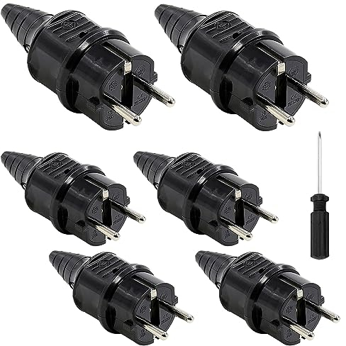 Schuko stecker: 6er-set Stecker Aussen Wasserdicht 250V(16A) Schukostecker Außenbereich Stromstecker aus Vollkupfer Schwarz Kostenloser Schraubendreher Wasserdicht Schuko Stecker