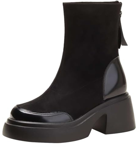 rismart Mujer Botas de Tobillo Tacón en Bloque Cremallera Informal Otoño Invierno Corto Elástico Botines Negro,37