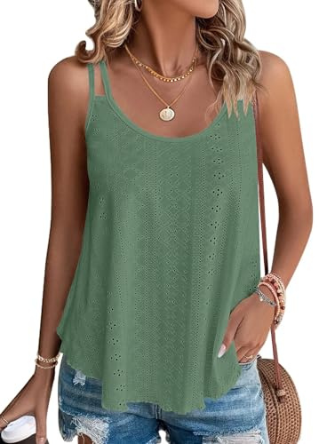 WNEEDU Women's Summer Tank Tops Ladies Sleeveless Vests Tanks Top Loost Fit Casual Shirts Vest Blouses Cami Camisole Dark Green M