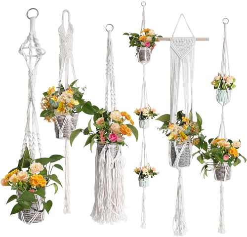 Povxlum 6pcs Macrame Plant Hanger Kit with Hooks Hanging Planter Basket Flower Set for Indoor Outdoor Plants W/Hangers Kit Cotton Rope Handmade Indoor Flower Pots Holder, White