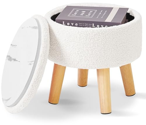 IBUYKE 13” Kleiner Fußhocker Ottomane mit Stauraum, Runde Pouffe Fußablage Hocker mit Gepolstertem Sitz und Deckel, Teddy Samt Mini Ottomane Fußstütze für Wohnzimmer Couch Eingang, Cremeweiß WBD006W