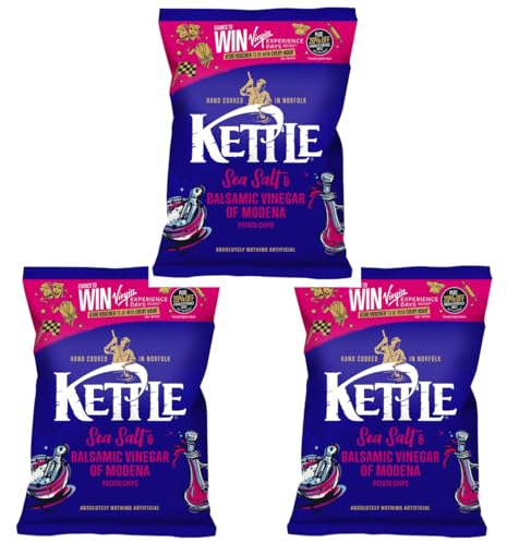 Kettle Chips Sea Salt & Balsamic Vinegar of Modena Sharing Crisps, 130g (3 Pack), Hand Cooked in Norfolk, British Potatoes, Gluten-Free, Suitable for Vegans