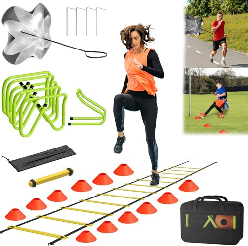 YRHome Fotboll träningstillbehör barn med 6 justerbara hinder, 6 m koordinationsstege, 12 hattar, motstånd fallskärm Speed & Agility Training Set fotboll presenter för pojkar