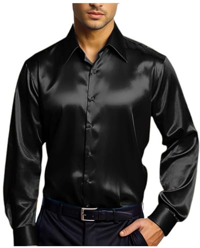 Foweknow Camicia a maniche lunghe da uomo in raso, senza stiratura, morbida, comoda, da lavoro, solida, alla moda, per il tempo libero, per feste a tema, per feste notturne, vintage, casual, per
