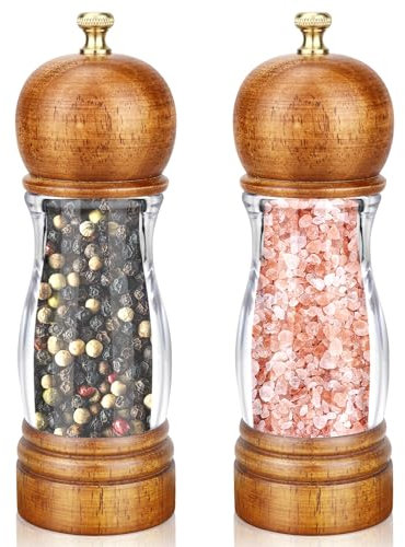 BOCHION Salt and Pepper Grinder Set, Premium Wooden Salt Grinder and Pepper Mill with Adjustable Ceramic Core for Coarse to Fine, Manual Spice Shakers with Acrylic Window, Easy to Refill, 2 Pieces