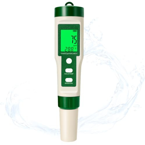 Testeur pH 5 en 1 Numérique, pH Mètre avec Automatique de la Température, Précision 0.01, Mesure pH, TDS, EC, Salinité et Température, Testeur d'Eau pour Piscine, Hydroponie, Aquarium, Eau Potable