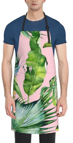 VPPUR Tablier de travail imperméable avec poche pour adulte Motif feuilles de bananier fraîches 71 x 83 cm Noir Taille unique, Noir/blanc, taille unique