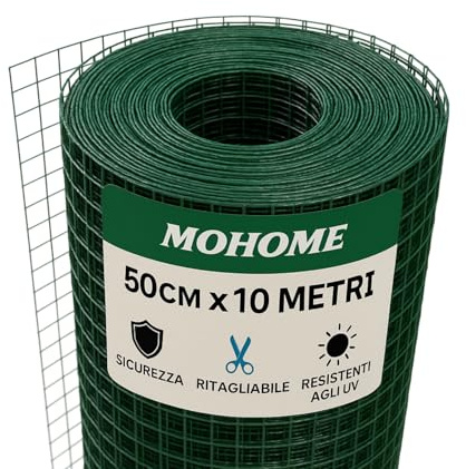 MOHOME Rete Metallica Recinzioni 10 m x 50 cm Plastificata Maglia Quadrata 12,5 mm Rete Protettiva Resistente Giardino Pollaio Cortile Vigneto Animali Ringhiere Balcone
