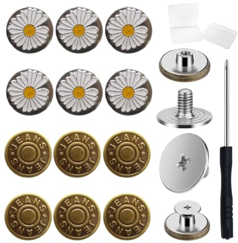 KQOZG 12 Botones Ajustables de Latón para Vaqueros DIY, Botones de Repuesto de Metal para Pantalones (sin necesidad de coser) con Destornillador y Caja de Almacenamiento (17 mm)