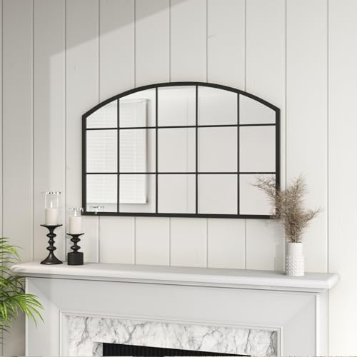 Warmiehomy Large Decorative Wall Mirror Arched Window Garden Outdoor Mirror with Metal Frame for Courtyard,Living Room,Hallway (Black, 110x70x2cm)