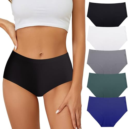 5 Pack Seamless No Show Underwear,Comfort Breathable High Waisted Womens Panties Stretch Invisible Bikini Briefs Ladies Panty