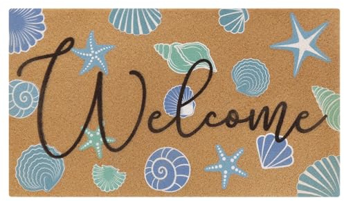 Tinideya Beach Door Mat Coconut Fiber Coastal Welcome Mat Indoor Outdoor Starfish Seashell Doormats Non-Slip Entrance Rugs for Front Door Porch Entryway Home Decor, 17 x 30 Inch
