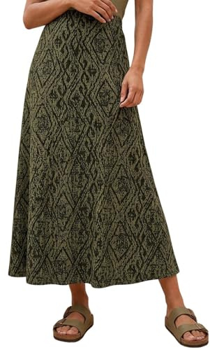 Roman Jersey Skirt for Women UK - Ladies Midi Maxi Floral Animal Print Autumn Winter Swing Smart Casual Office Cocktail Party Going Out Evening Holiday Cruise - Khaki - Size 12