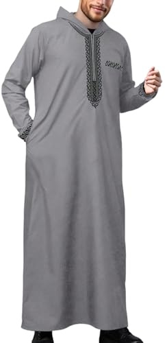 Mymyguoe Djellaba Hommes Musulmans Ramadan Qamis Avec Capuche Prière Islamique Abaya Manches Longues Kamis Marocain Kaftan Jelaba Kaftan Vêtements Musulmans Ethnique Maxi Robe Ramadan Thobe, gris, M