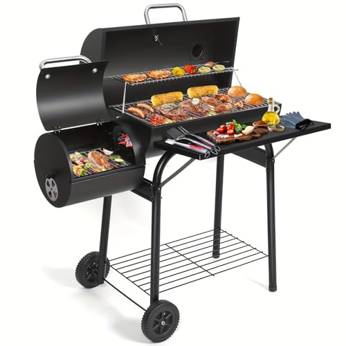Grill a Carbone per Barbecue, Barbecue a Carbone con affumicatore Laterale, Grande barile per Barbecue in Metallo per Cucina all'aperto in Giardino, Patio, Cortile, Picnic e Campeggio Medium
