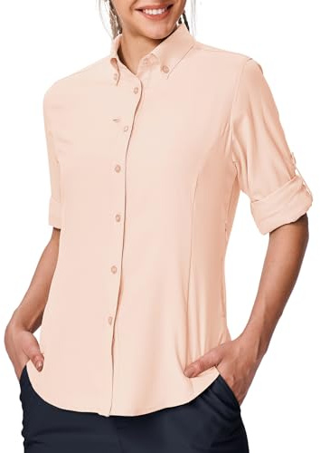 TBMPOY Women's UPF 50 Sun Protection Fishing Safari UV Shirt Long Sleeve Camping Hiking Outdoor Travel Button Down Shirt Pink M