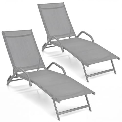 COSTWAY 2 Tumbonas Jardin Exterior, Reclinable en 5 Posiciones, Tela Transpirable, Tumbonas Liquidación Playa Jardin Piscina Exterior, 184,5 x 62 x 102,5 cm, Carga 160kg (Gris)