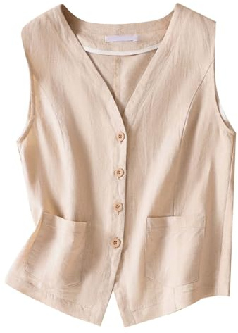 Generisk njurrem dam värmande knäppning ärmlös linne topp lätt business jacka waistcoat väst tröja glitter damer, Beige, XXL