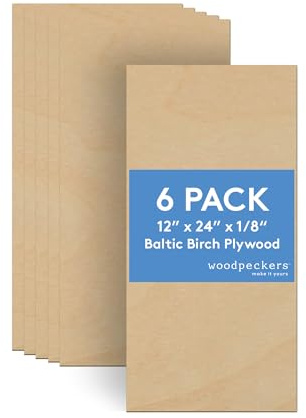 3 mm Baltic Birch Plywood 1/8 x 12 x 24 Inch, Box of 6 B/BB Grade Craft Wood, Stronger Than Basswood Sheets, for Laser, CNC Cutting and Wood Burning, by Woodpeckers