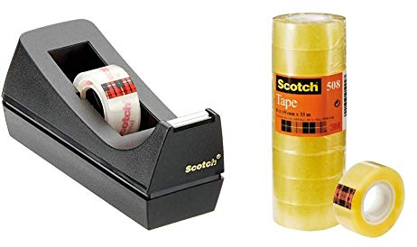 Scotch Klebebandabroller 83980 – Klassischer Tischabroller in Schwarz – Inkl. 1 Rolle Scotch Crystal Klebefilm 19 mm x 10 m & 5081933 Klebeband (33 m x 19 mm) 8 Rollen transparent