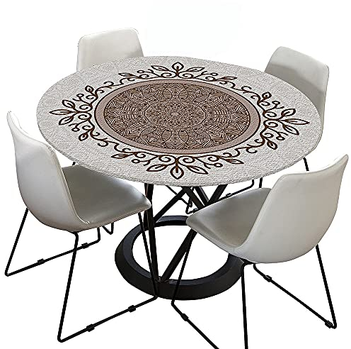 Morbuy Rund Tischdecke Elastisch, Böhmen Drucken Rund Tischdecken Wasserdicht Lotuseffekt Abwaschbar Abwischbar Tischtuch für Dekoration Küchentisch Garten Outdoor (Durchmesser 90cm,Beige)