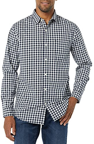 Amazon Essentials Men's Long-Sleeve Slim-Fit Stretch Poplin Shirt Shirt, Navy/White, Gingham, X-Large