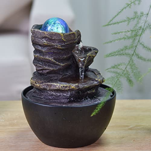 Fontana interna Cascata Zen Rilassante Luce LED Colorata, Decorazione Soggiorno, Camera da letto, Ufficio, Regali Utile Piccolo Prezzo Basso Ingombro, Fontana da Tavolo Circuito Chiuso, H18cm – Guru