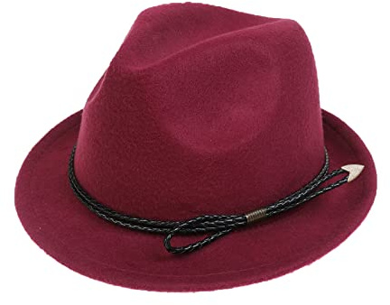 NiceYnn Vintage Trilby Felt Hat, Roll-up Short Brim Wool Unisex Gangster Fedora Hats Jazz Homburg Cap, 1920s Manhattan Panama Hat Burgundy & Black Rope
