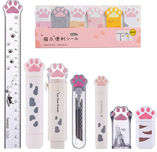 8 Pcs Cute Cat Paw Stationery Set Kawaii School Supplies Including Pencil Sharpener Retractable Eraser Correction Tape Sticky Notes Ruler Mini Scissors Utility Knife for Cat Lovers Students (White)
