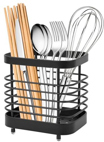 PUFEUOO Cutlery Holder, Stainless Steel Cutlery Drainer for Sink, Kitchen Rust Proof Sink Tidy Sink Organizer, Utensil Holder for Knife Fork Chopsticks (Black)