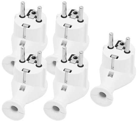 KEL 5 stück winkelstecker uni schuko 16A/230V - reparaturstecker, stecker mit schutzkontakt IP20 - winkelklappstecker 2 p+Z, universal-kunststoff-schuko-stecker, weiß