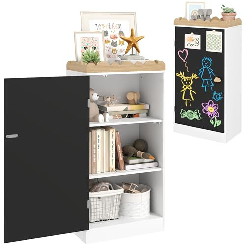 AIYAPLAY Contenitore per bambini, contenitore per giocattoli per bambini, armadio per bambini con anta a lavagna, 3 scomparti e ripiano superiore per camera da letto, stanza dei giochi, cameretta,