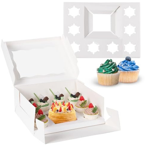 JCD 9 Holes Fit 8 Cupcakes and 1 Mini Cake Box Combo,8 sets of Cake Boxes, Pastry Sweets Bento Box, Cupcake Combo Box with Stickers(1+8/8pcs)
