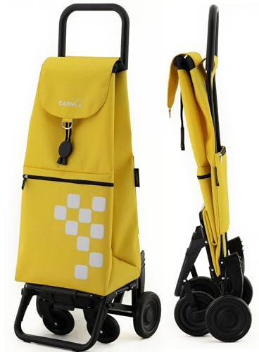 GARMOL Carro de la Compra Plegable 55L| Carro de Compra 4 Ruedas Gran Capacidad Plegable con 2 Fijas y 2 Giratorias | Carrito Color Mostaza