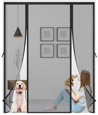 Magnetic Fly Screens Door,Double Door Screen Curtain, Anti Mosquito Mesh Fly Curtain,Powerful Magnets and Full Frame Magic Tape,Without Drilling for Sliding Door, Patio Door,195x215cm,Black