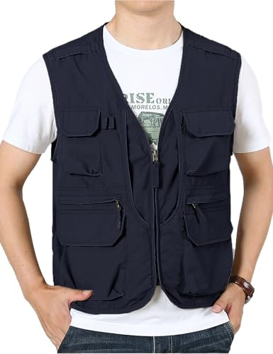 Sukany Chaleco de verano para hombre, estilo safari, pesca, viajes, trabajo, tiro, militar, ligero, sin mangas, chaleco de aventurero, con múltiples bolsillos, azul, XL