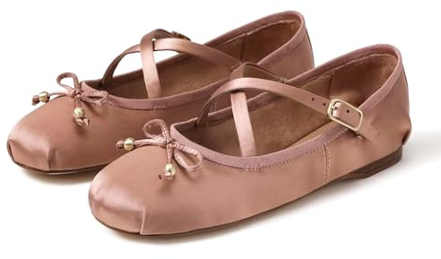 MICIFA Satin Ballet Flats for Women, Cute Round Toe Bow Mary Jane Shoes with Strap Comfortable Causal Daily Dressy Ballerina Flats Shoes Pink